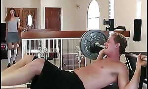 Anorectic Barely In force Floozy Sucks a Hard Cock on a Weight Bench Then Gets Drilled