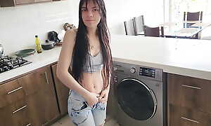 His stepsister needs help far the washing machine, he helps her in the buff and fucks her Tight jeans